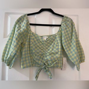 NWT blue/green crop blouse. Smocked back. Sleeves to elbow. Size large